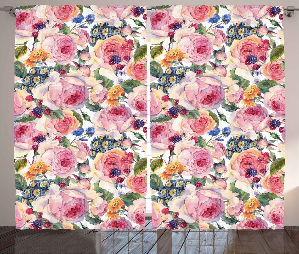 ABAKUHAUS Blumen Rustikaler Vorhang, Shabby Pflanze Rose Blumen, Wohnzimmer Universalband Gardinen mit Schlaufen und Haken, 280 x 245 cm, Mehrfarbig