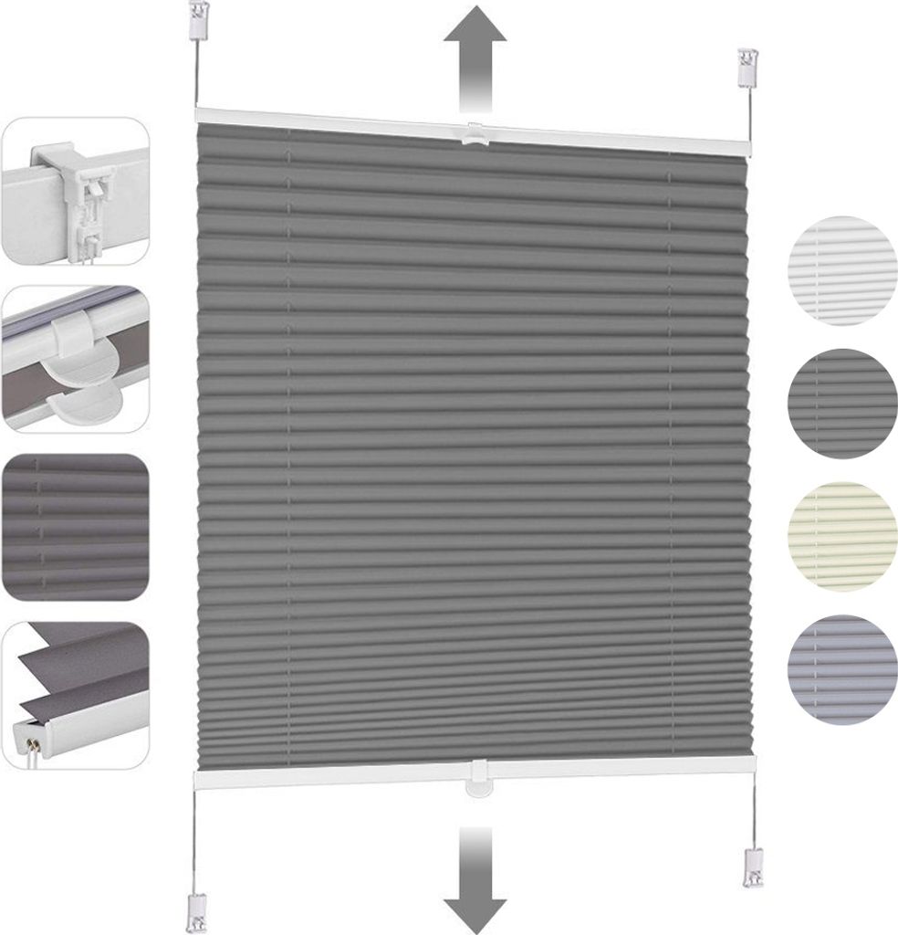 Plissee Klemmfix ohne Bohren 80x200cm Dunkelgrau Sonnenschutzrollo Verspannt Blickdicht Lichtschutz Faltrollo Jalousie Rollos für Fenster und Tür