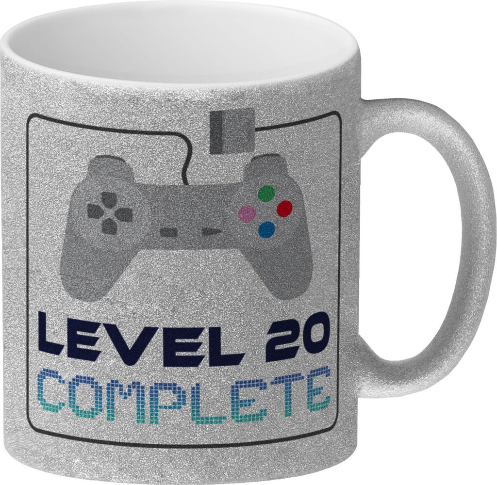 20. Geburtstag Glitzer-Kaffeebecher mit lustigem Spruch: Level 20