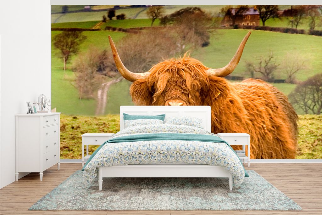 MuchoWow Fototapete für Wohnzimmer oder Schlafzimmer Wandtapete Vinyl Motivtapete Schottischer Highlander - Berg - Herbst - 465x260 cm - Hinterg...