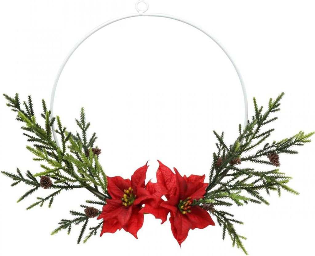 Adventsdeko Türkranz Winter - Künstliche Weihnachtssterne und Tannenzweige mit Deko-Zapfen, Ø30cm