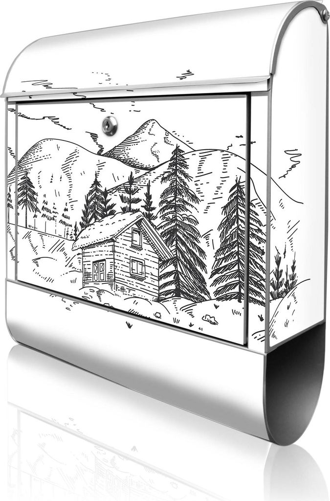 banjado Design Briefkasten Stahl silber mit Zeitungsfach pulverbeschichtet "Winterliche Berghüttenidylle" 38x46x12,5cm & 2 Schlüssel - Postkasten...