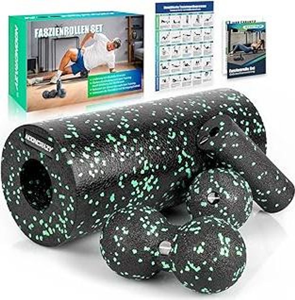 nooncrazy Faszienrolle Set mit Kordelzugbeutel und Training Posters, Faszien Set mit Faszienball Faszienrolle Klein und Duoball für Faszien Traini...