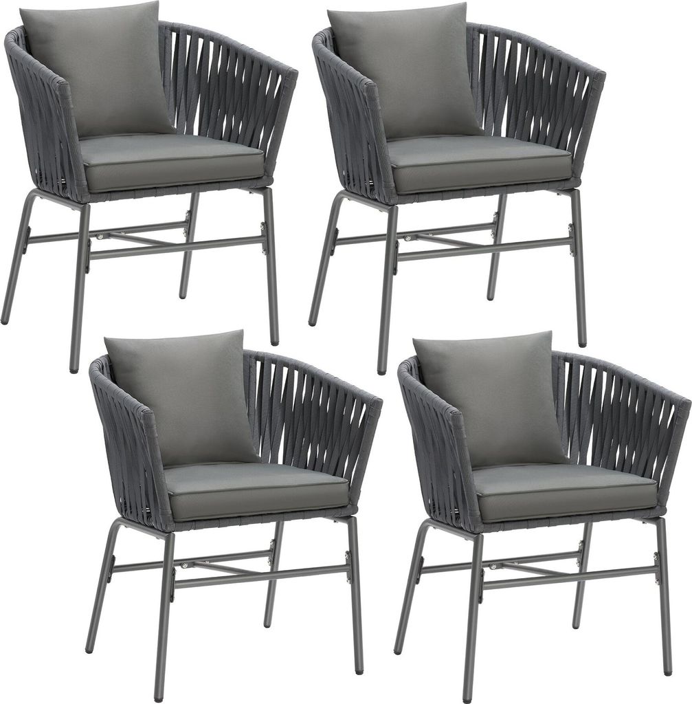 A set of four gray outdoor chairs with rope-style weaving and cushions, arranged on a white background.