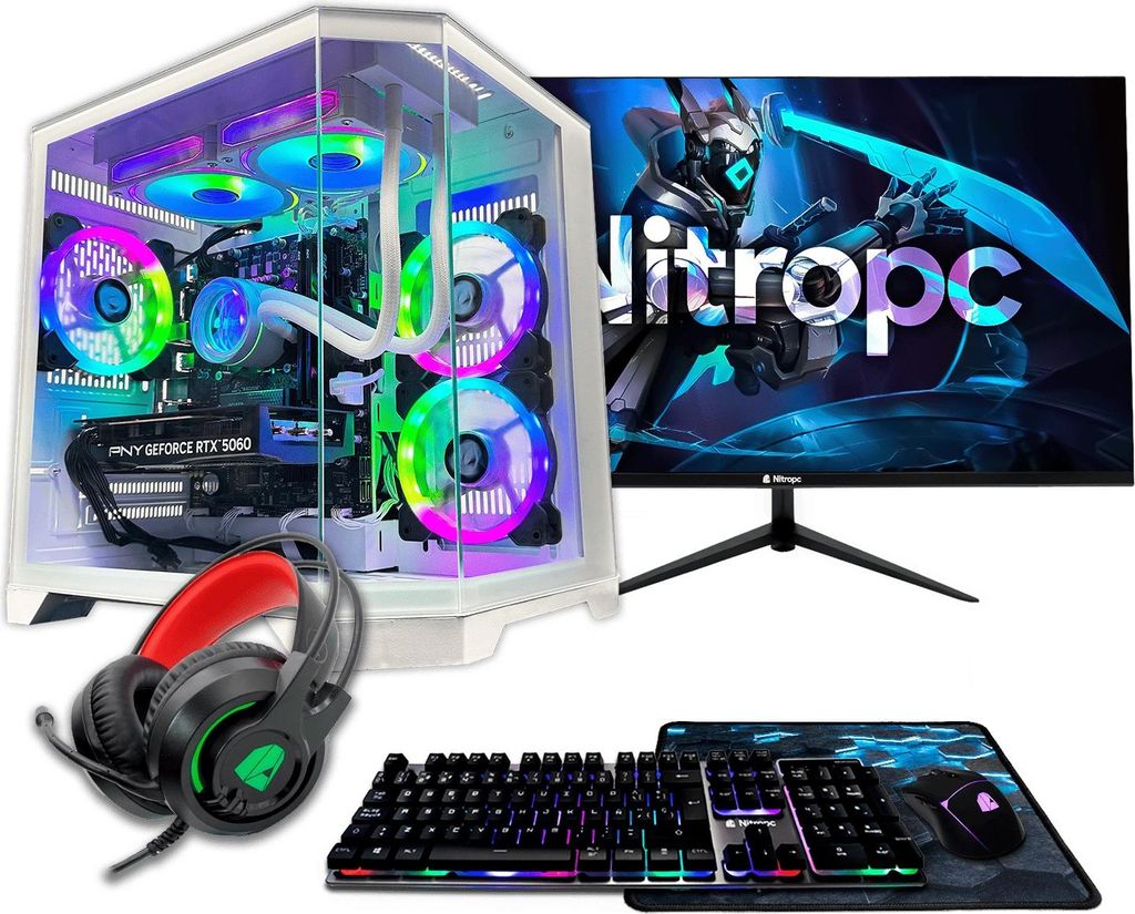 Nitropc Gaming PC Pack Gold - Intel Core i5-12400F, NVIDIA RTX 3050 8GB, 16GB DDR4, M.2 1TB, Weiß - Monitor 24" FullHD
