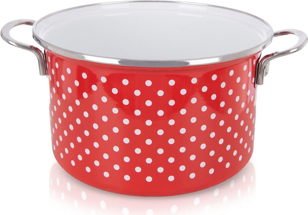 A red and white polka dot enamel pot with silver handles is shown against a white background.