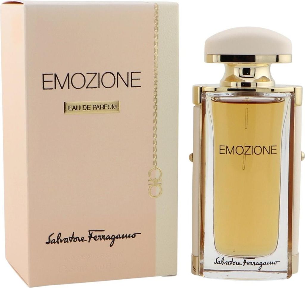 Eau de Parfum Emozione von Salvatore Ferragamo neben passender roséfarbener Verpackung mit goldenen Details.