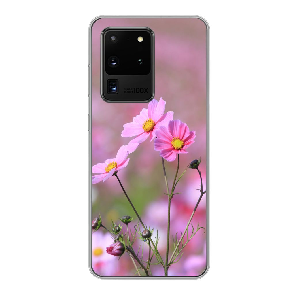 MuchoWow Handyhülle Schutzhülle Hülle für Samsung Galaxy S20 Ultra Blumen - Draußen - Rosa Silikon Softcase Handy Hülle - Karteninhaber
