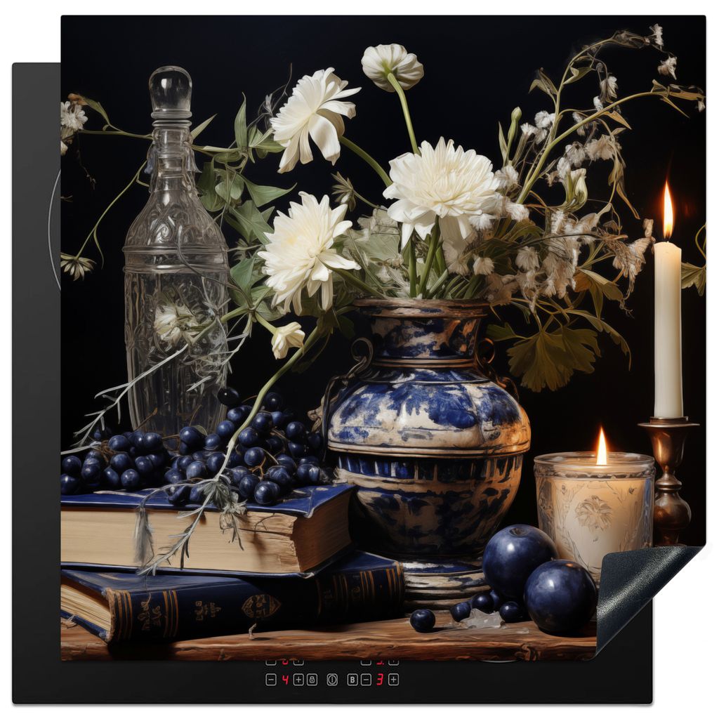 KitchenYeah Herdabdeckplatte Stilleben - Blumen - Kerzen - Delfter Blau - Weiß , 78x78cm, Küche Deko, Glaskeramikkochfeld Herdabdeckung, Abdeck...