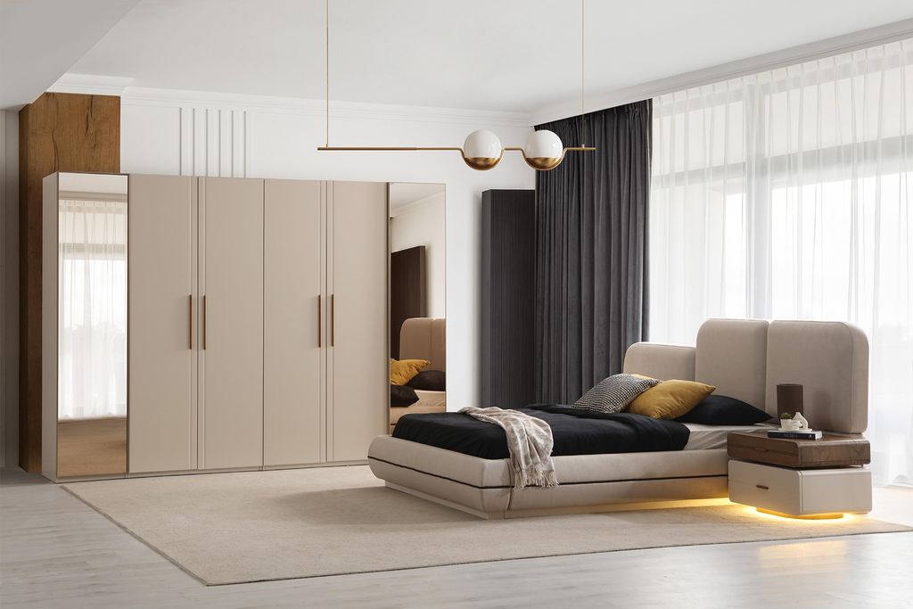 Designer Schlafzimmer Möbel Beiges Polsterbett Nachttische Schrank