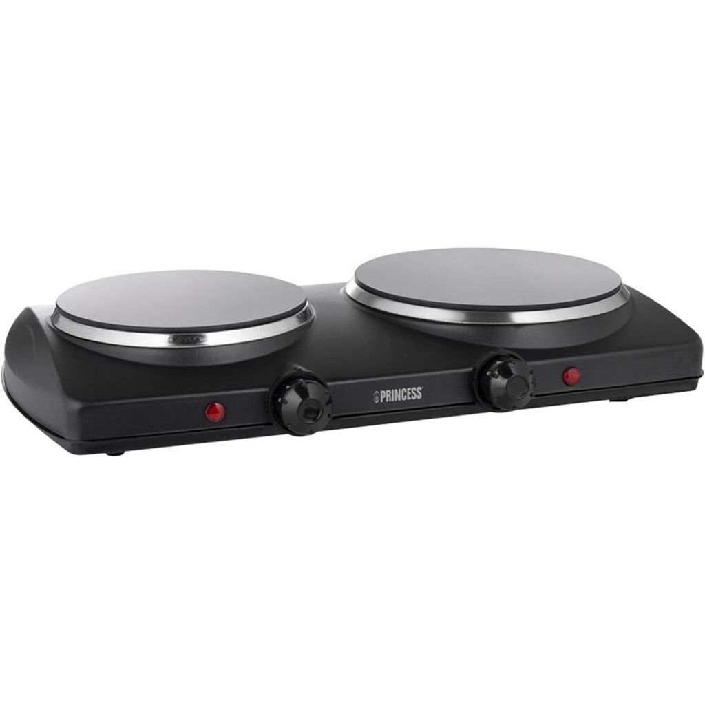 A black electric double hot plate with silver heating elements.