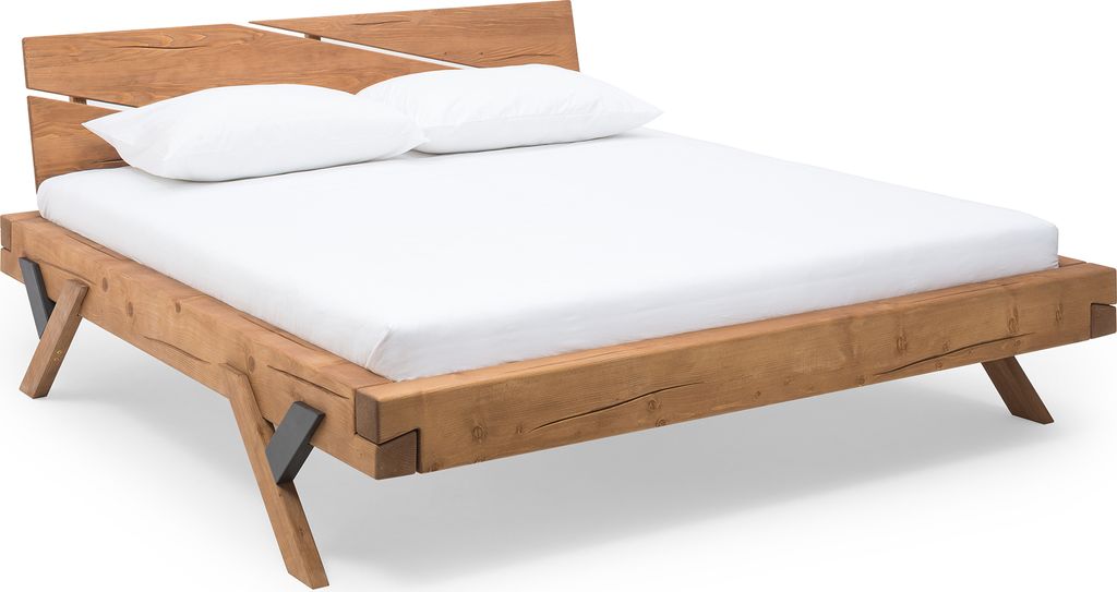 SalesFever Balkenbett 140 x 200 cm | Fichte-Holz | Massivholz | Y-Beine mit schwarz | B 158 x T 218 x H 90 cm | natur