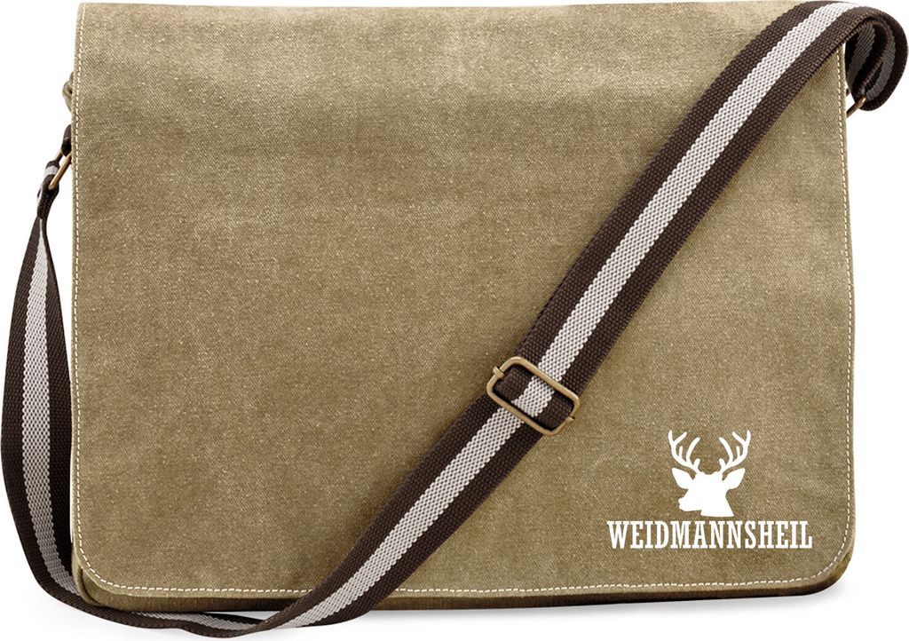 Huuraa Umhängetasche Weidmannsheil Hirsch Jägergruß 14 Liter Sahara Canvas Laptoptasche Geschenkidee