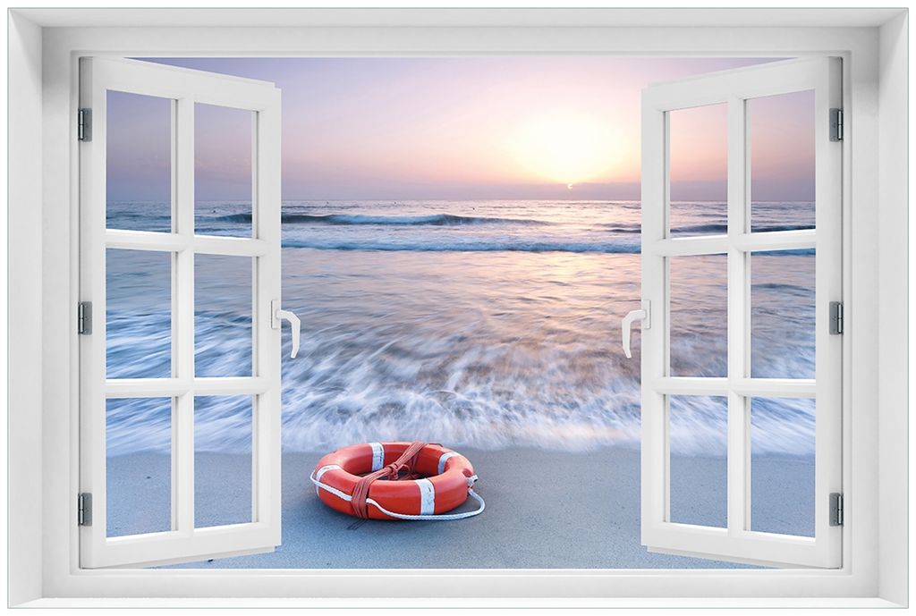 Wallario Premium Glasbild mit Fensterrahmen, freischwebende Optik, kräftige Farben, Größe 60 x 90 cm Motiv Rettungsring am Strand bei Sonnenunte...