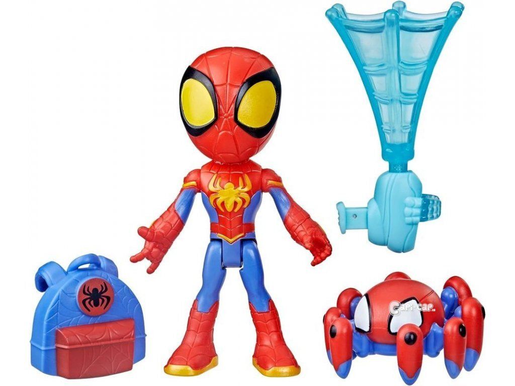 A collection of Spider-Man toys, including a figure, a backpack, a web shooter accessory, and a spider-like vehicle, arranged on a white background.
