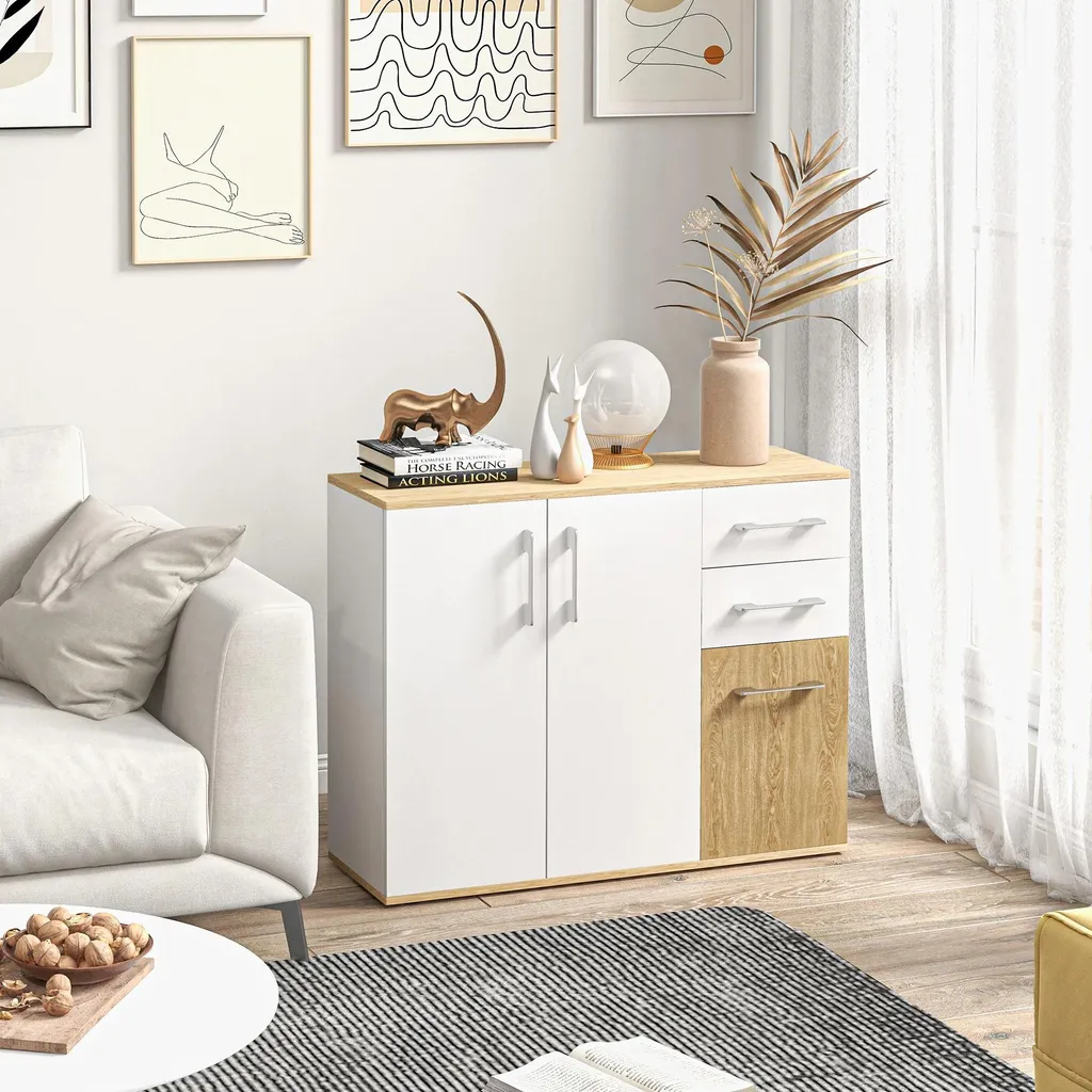 Buffet commode blanc 90x30x75,5 cm - Armoire de salon à 2 tiroirs MOD1 - 4