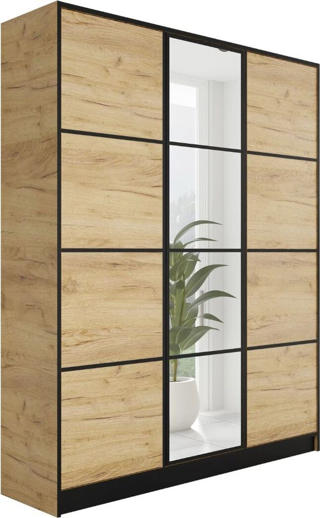 A three-door wardrobe with a wood-effect finish and mirrored panels.