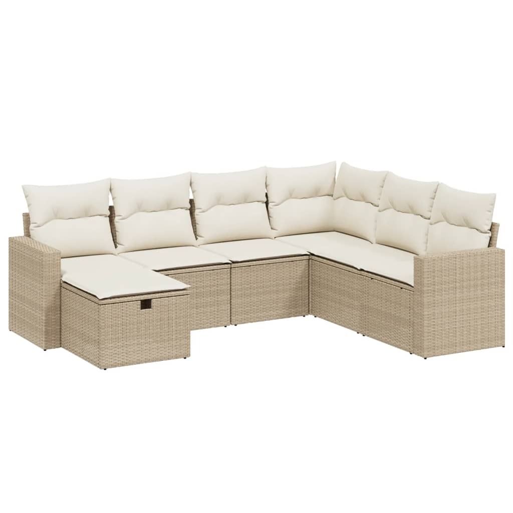 vidaXL 7-tlg. Garten-Sofagarnitur mit Kissen Beige Poly Rattan