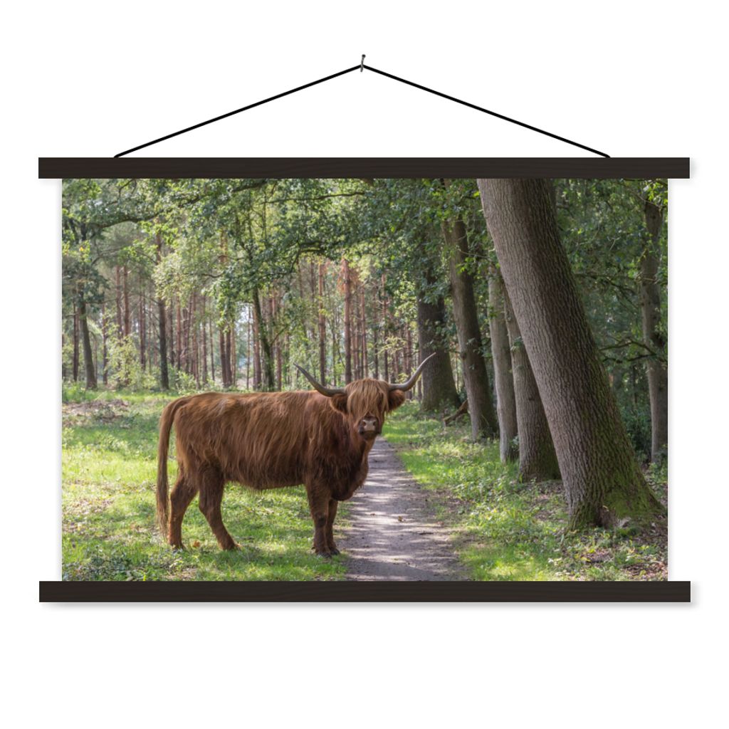 MuchoWow Textilposter Schottischer Highlander - Kröte - Baum 90x60 cm mit schwarzem Rahmen - Aufhängungssatz
