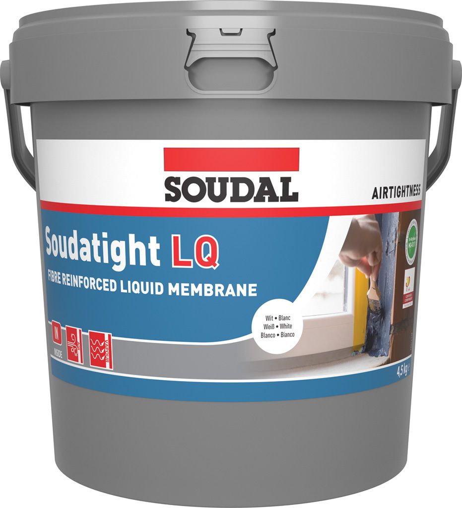 A bucket of Soudal Soudatight LQ liquid membrane with a brush being used to apply it to a window frame.