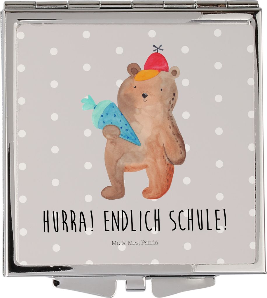 Mr. & Mrs. Panda Schminkspiegel klein Bär Schultüte - Grau Pastell - Geschenk, Schulbeginn, Einschulung, Klappspiegel, Mini Spiegel, Taschenspieg...