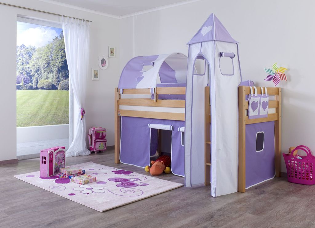 Relita Halbhohes Spielbett ALEX Buche massiv natur lackiert mit Stoffset Vorhang, 1-er Tunnel, Turm, Tasche, 207 cmx113/213 cmx98 cm; BH1001114+TX5...