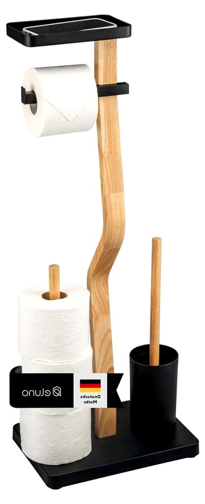 Stand-WC-Garnitur 4in1, freistehend, inklusive WC-Bürste, 2 Ersatzbürstenköpfen, Rollenhalter für 3 Rollen und Ablage, ausem Holz und Metall (S...