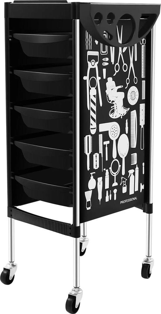 Friseurwagen - Salonwagen - 5 Schubladen - Metallrahmen - Rollen - Farbablage für Haarfarbe - Traglast 80 kg - Montage erforderlich - Schwarz