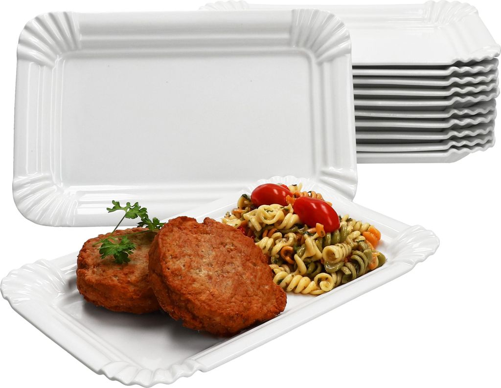 12x Pur Pappteller aus Porzellan 24,5x16cm weiß Servier-Teller Kuchen Burger