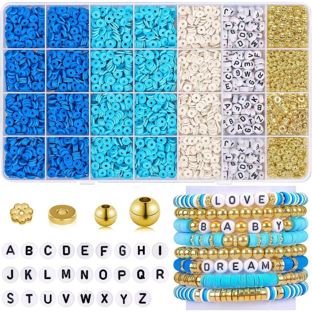 Perlen zum Auffädeln, 5000+ Stück Perlen Set,Clay Perlen,Perlen für Armbänder Selber Machen mit Buchstaben, Zahl, Liebesperlen (Blau)
