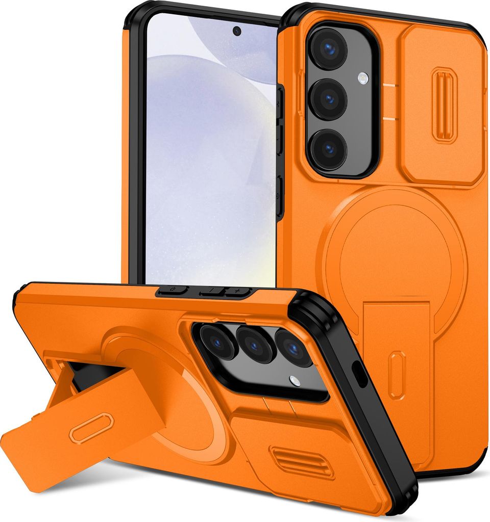 Magnetisch Hülle für Samsung Galaxy S25+/S24+, Dual Layer Stoßfest Handyhülle mit Dia Kameraschutz, Verstellbarem Ständer Orange