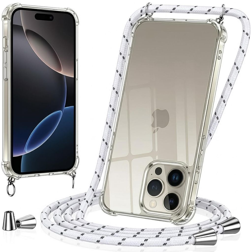 Handykette für Apple iPhone 16 Case zum umhängen Schutzhülle Kordel Handy Hülle, Halsband Weiss-Silber