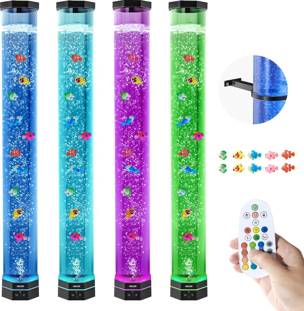 Four illuminated bubble lamps with artificial fish, a remote control, and mounting hardware are displayed against a white background.