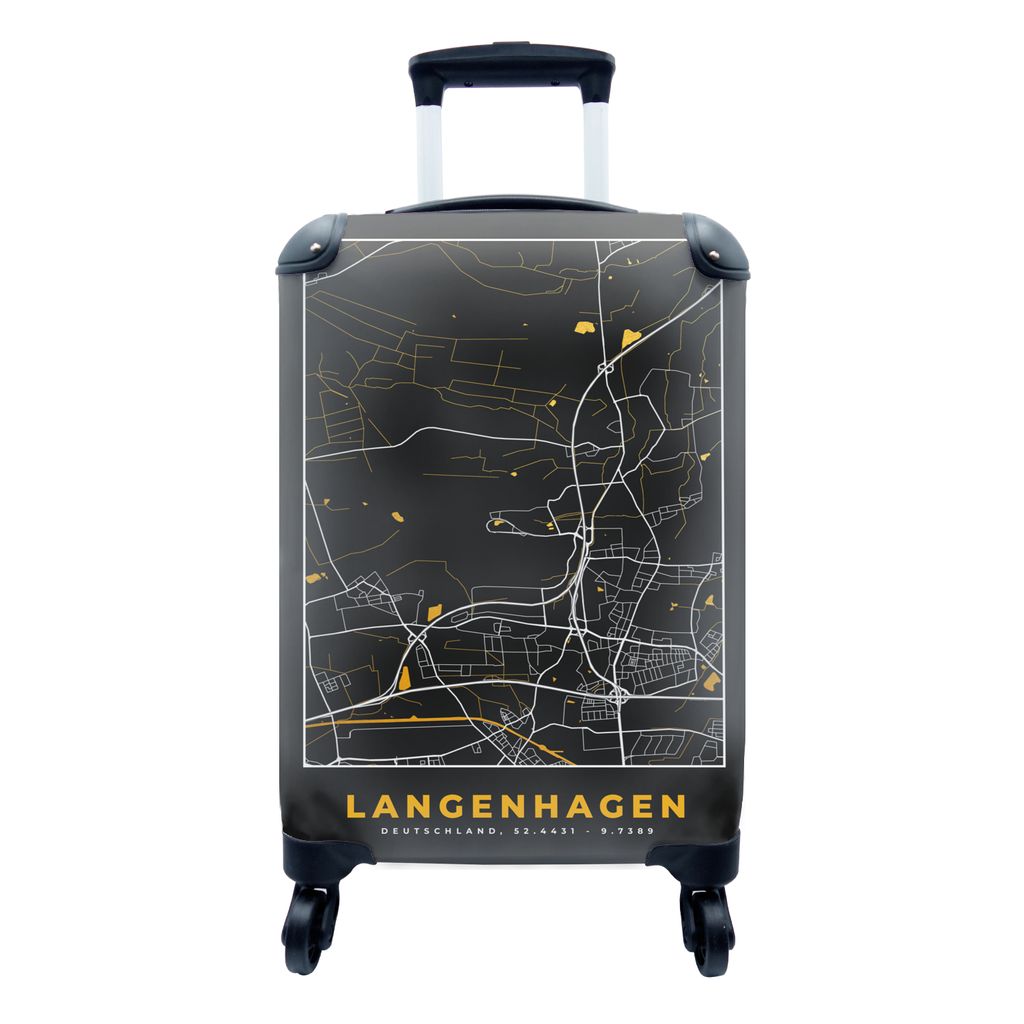 MuchoWow Koffer Handgepäck Trolley Rollkoffer Kleine Reisekoffer mit 4 Rollen - Schwarz und Gold - Stadtplan - Langenhagen - Deutschland - Karte...