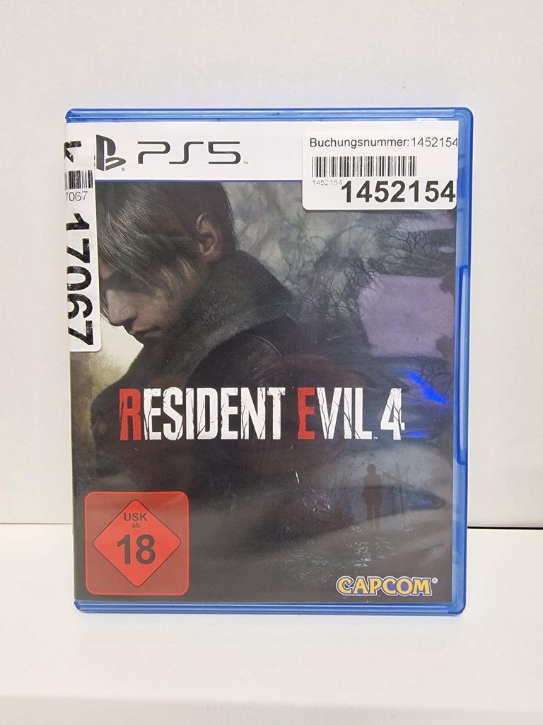 A PlayStation 5 game case for Resident Evil 4 Remake.