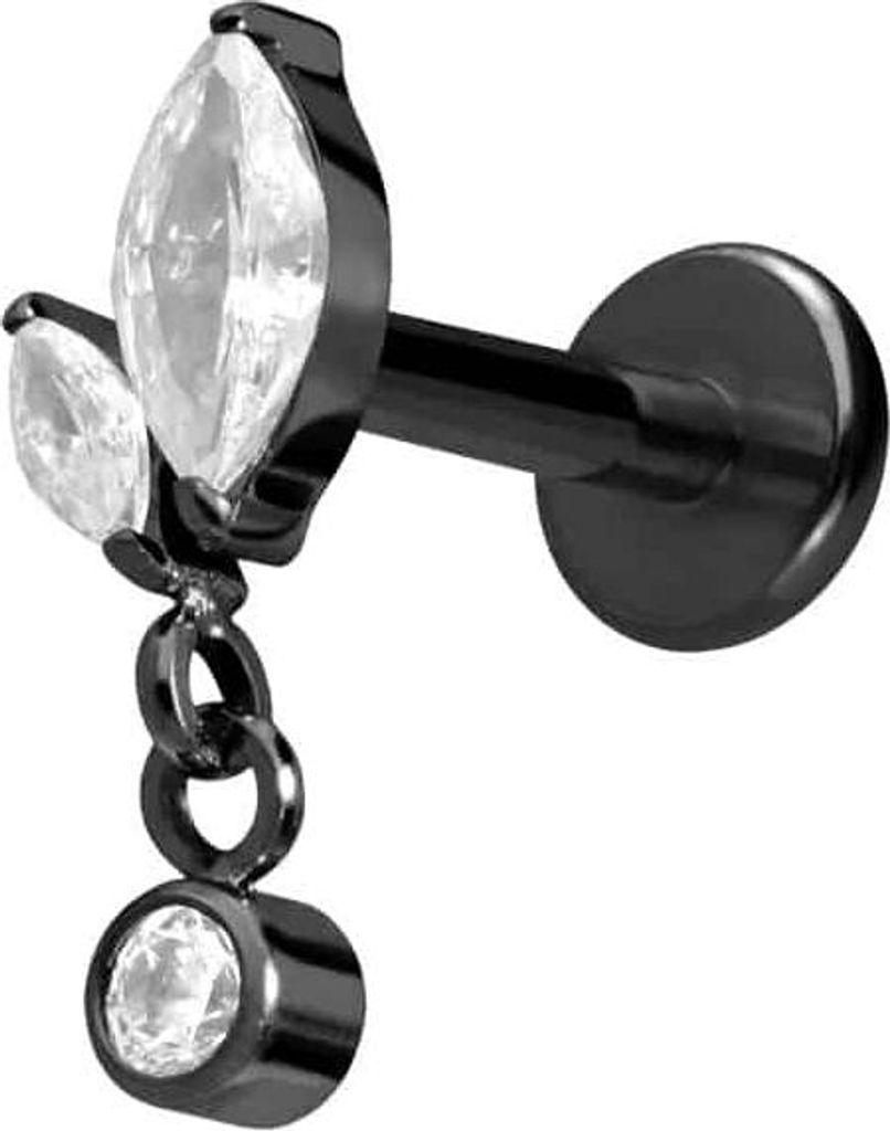 Ohrpiercing, Nasenpiercing Titan Labret mit Innengewinde KNOSPE + KRISTALL Schwarz Stablänge: 7mm | Stabstärke: 1,6mm