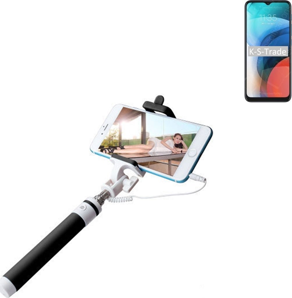 K-S-Trade Selfie Stick kompatibel mit Lenovo K13 Selfiestick kabelgebunden Monopod mit Kabel Stab Stange Selfportrait Handheldstick schwarz 1x