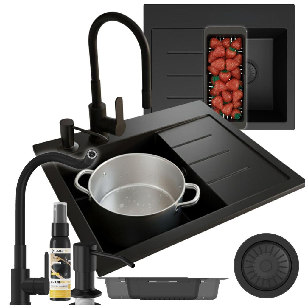 Granitan | GranitSpüle - Spülbecken 1-Kammer - 60x50 cm - Aufsatzspüle - Schwarz - mit Küchenarmatur 360° - mit Abtropfgestell - AMBER