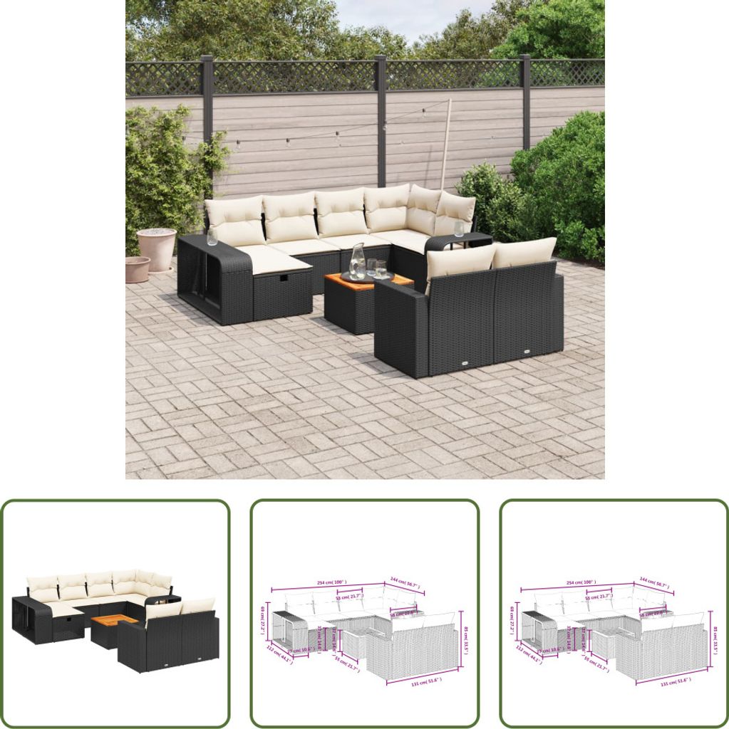 The Living Store 11-tlg. Garten-Sofagarnitur mit Kissen Schwarz Poly Rattan