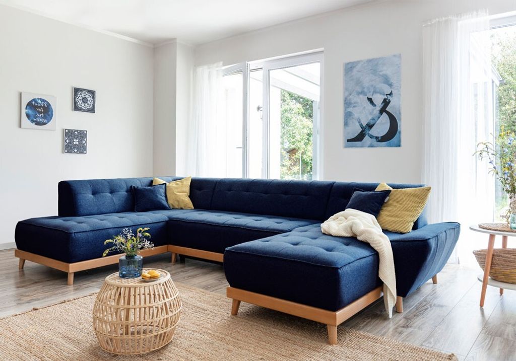 MIUFORM Dazzling Daisy - Ecksofa mit Bettfunktion und Bettkasten U-FORM LINKS - 330x190cm - Marineblau - Sofa Schlafsofa Couch