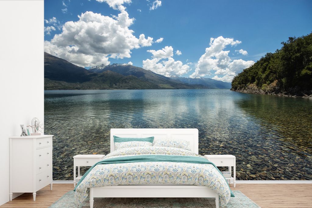 MuchoWow Fototapete für Wohnzimmer oder Schlafzimmer Wandtapete Vinyl Motivtapete See - Stein - Baum - 360x240 cm - Vinyl-Tapete