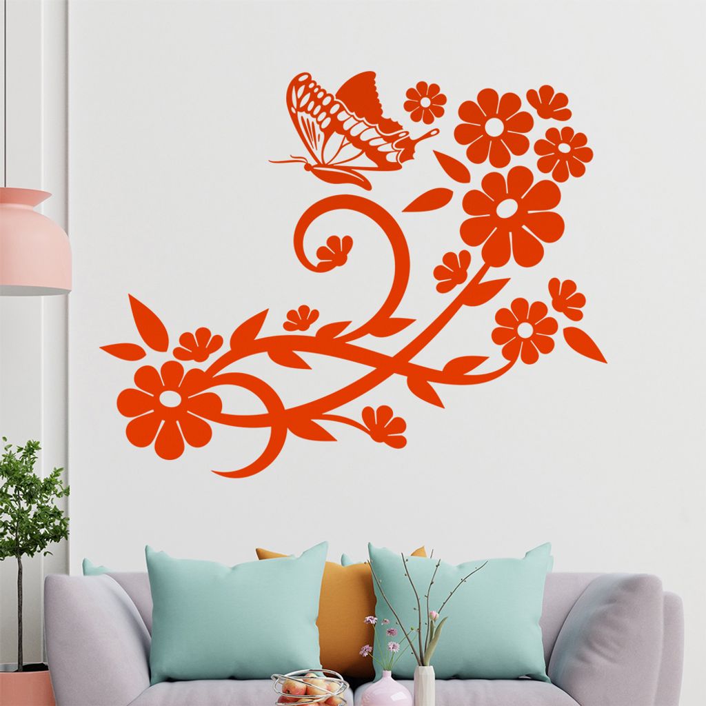 Falter Schmetterling Blüte Wandtattoo in 6 Größen - Wandaufkleber Wall Sticker - Dekoration, Küche, Wohnzimmer, Schlafzimmer, Badezimmer