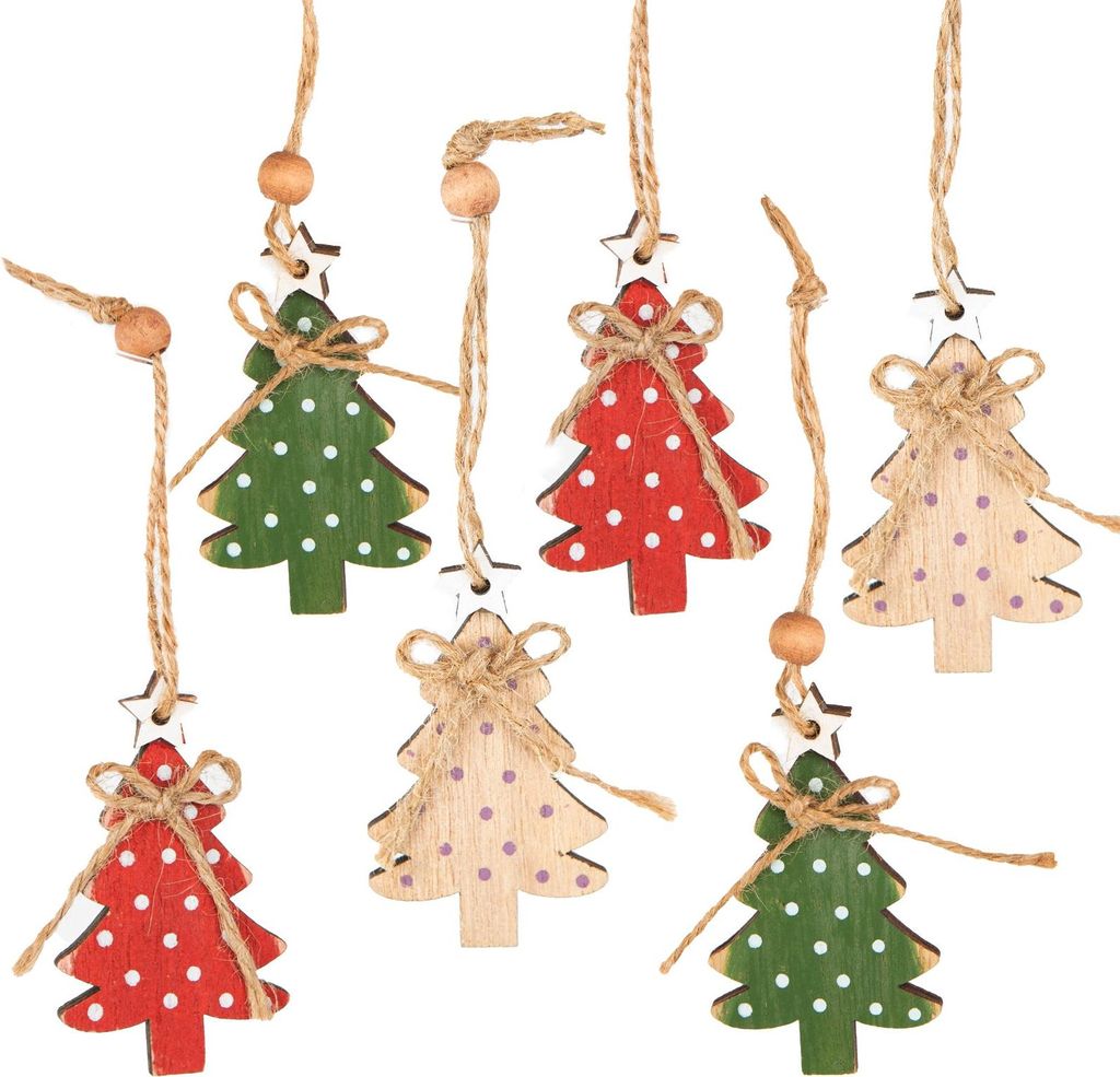 6 kleine Weihnachtsbäume Anhänger Baumschmuck Weihnachten aus Holz rot grün natur