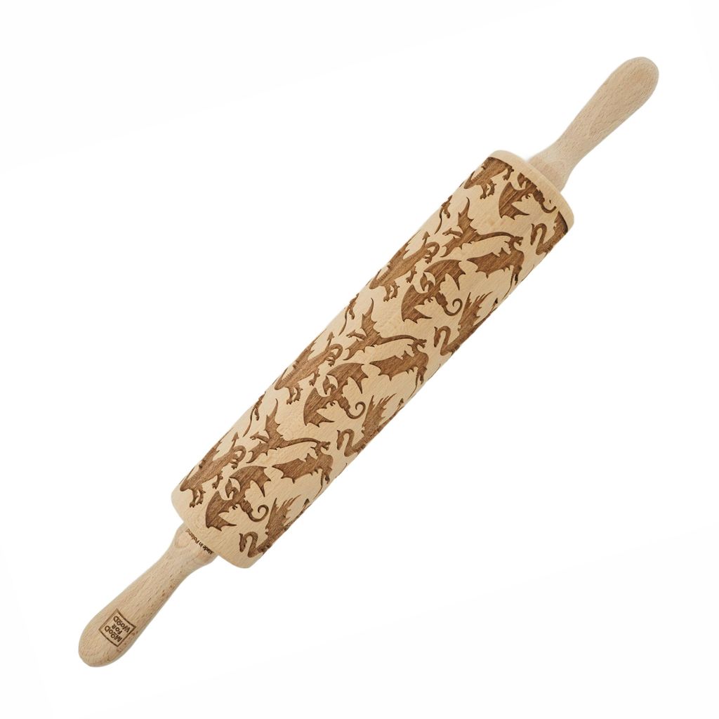 MoodForWood Nudelholz aus Holz, graviert, 43 cm mit Griffen, perfekt zum Backen - Drachenmuster