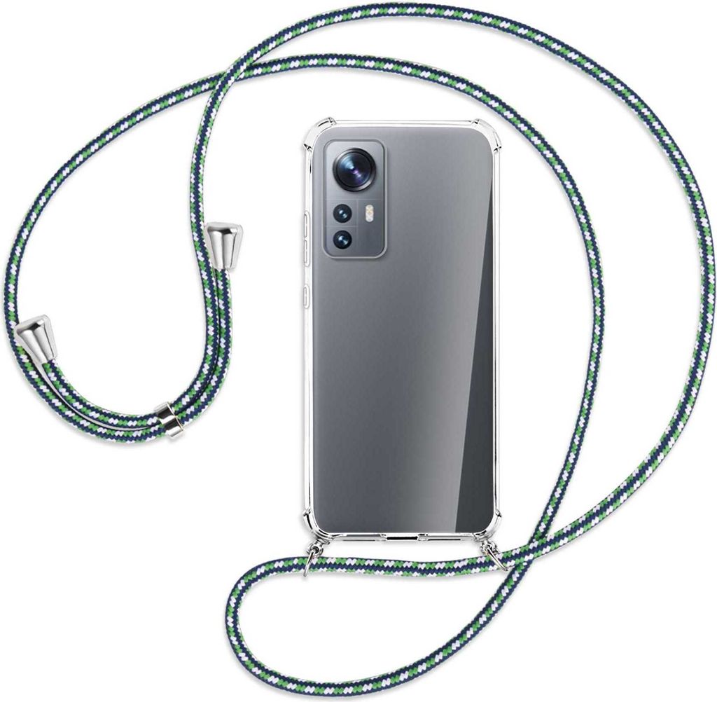 Handykette Backcover-Schutzhülle mit Band (Metall silberfarben) für Xiaomi 12 - grün/blau/weiß