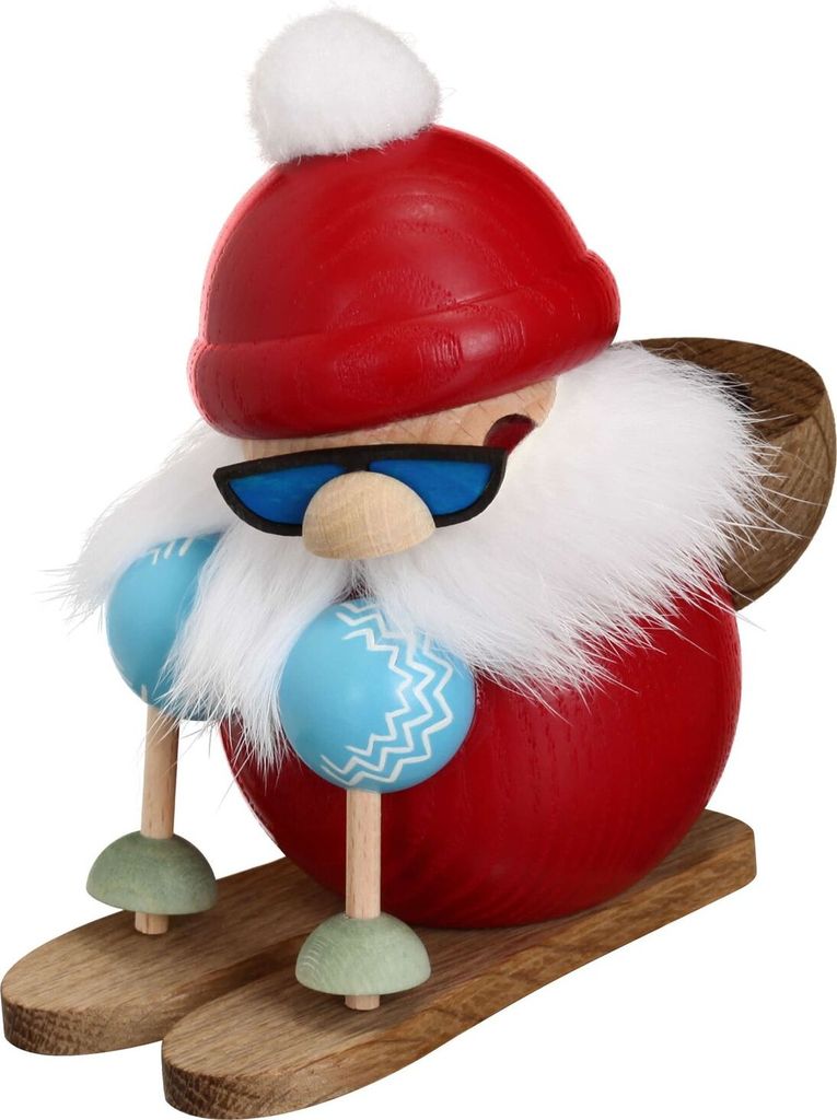 Ein kugelförmiger Räuchermann aus Holz stellt einen Weihnachtsmann in rotem Anzug dar der auf Skiern steht blaue Handschuhe trägt und eine Sonnenbrille auf der Nase hat