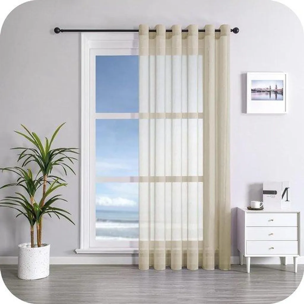 Rideau voile lin beige pour chambre, voilage 228 cm ambiance cosy