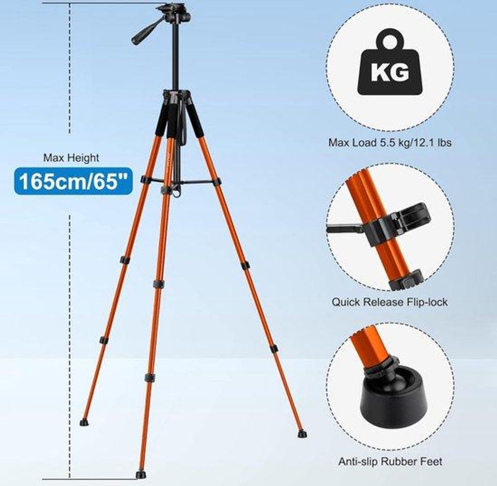 Aluminium-Stativ für DSLR-Kameras, 65 Zoll, lichtgewicht, mit abnehmbarer Kopf- und Smartphone-Halterung, max. Belastbarkeit 5,5 kg