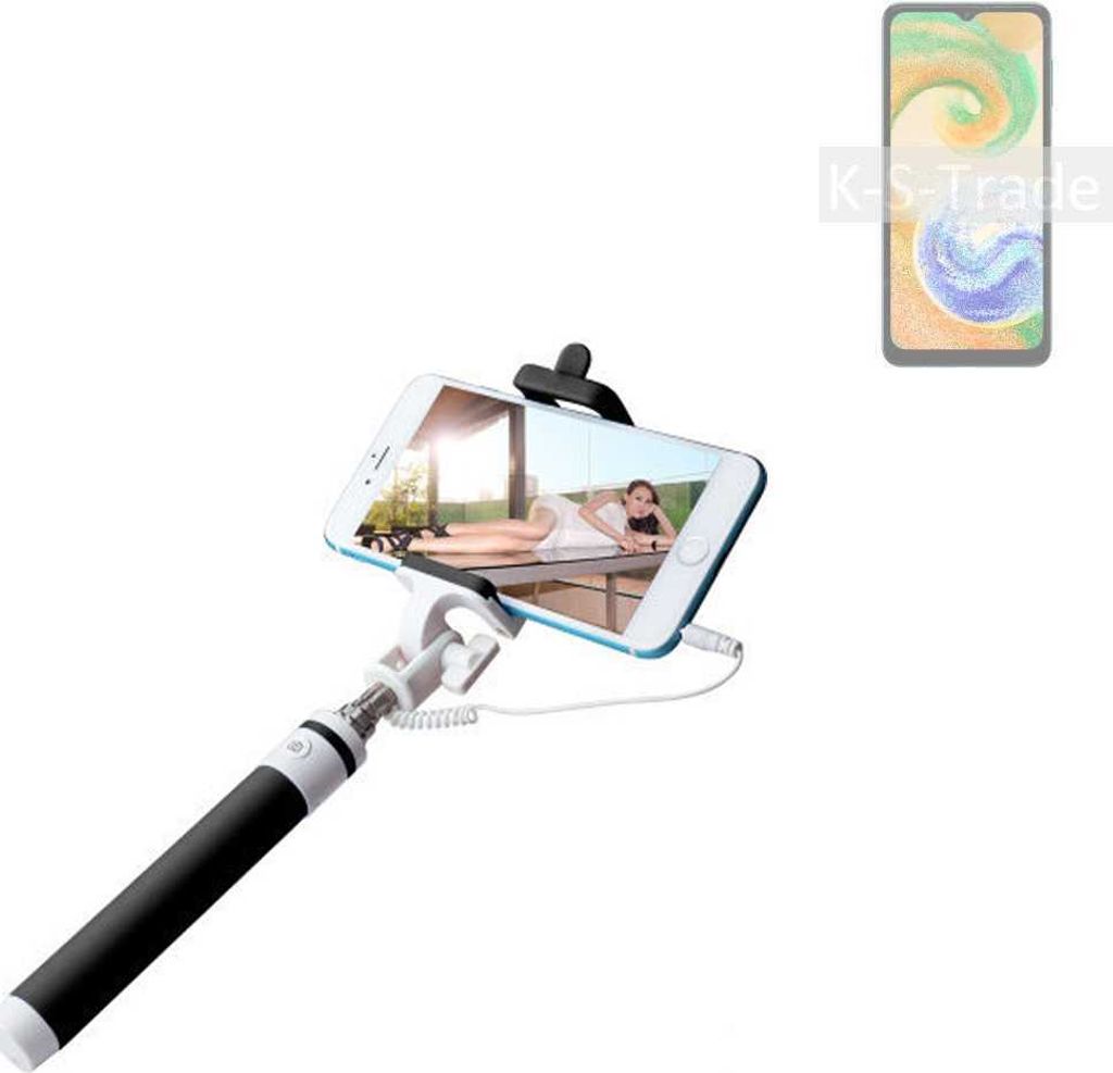 K-S-Trade Selfie Stick kompatibel mit Samsung Galaxy A04s Selfiestick kabelgebunden Monopod mit Kabel Stab Stange Selfportrait Handheldstick schwarz