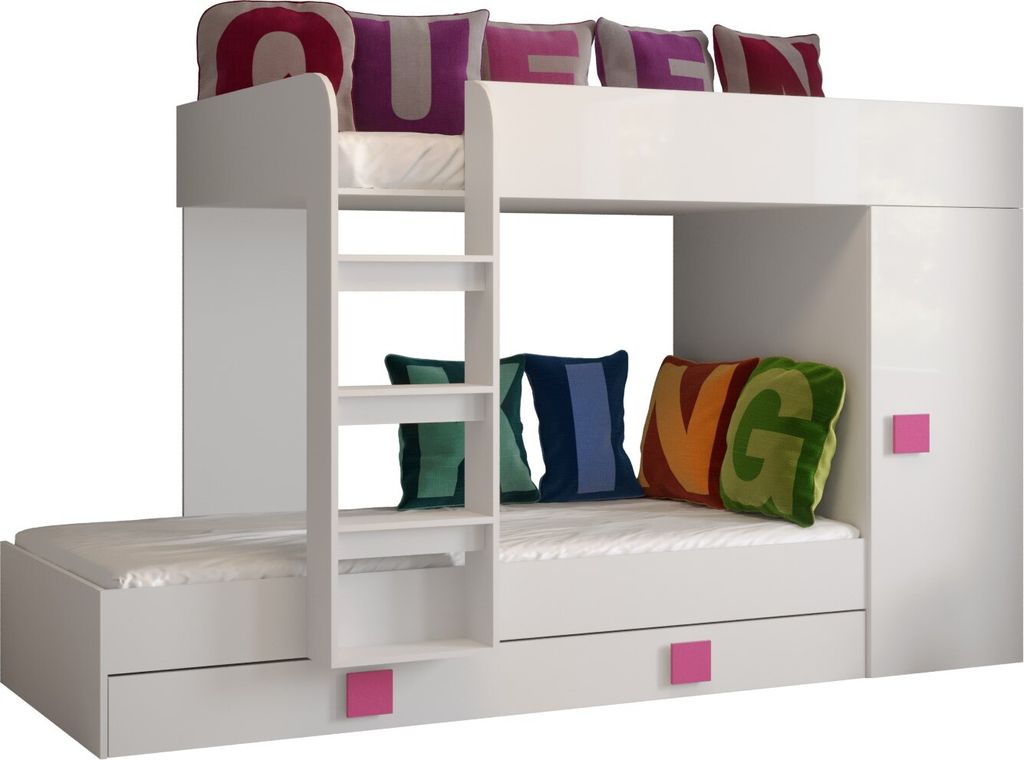 Etagenbett für Kinder Toledo 2 Stockbett mit Treppe und Bettkasten (Weiß + Weiß Glanz + rosa Griffe)